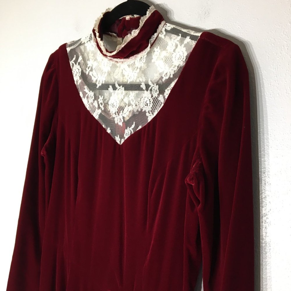 Vintage 60s 70s Victorian Velvet Maroon Maxi Dress, High Lace Neck, Steampunk - Picture 10 of 11